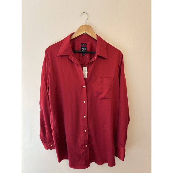 Gap Women's Red Satin Boyfriend Button Down Pocket Size Medium Tall New $69.95 - Picture 2 of 6